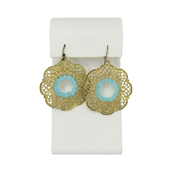 Blue Flower Dangle Earrings 1 5/8" Filigree Bohemian - Picture 2 of 7